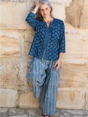 Women's Blue Patterned Wide-Leg Pants